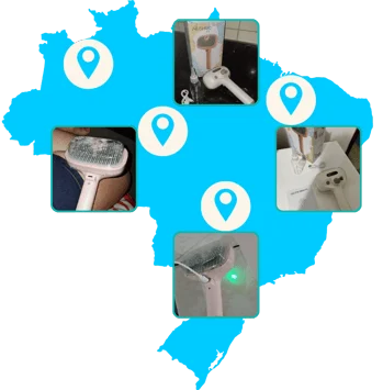 Mapa do Brasil com pins de entrega e fotos de clientes